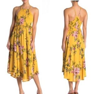 Yellow Floral Smocked Asymmetrical Maxi Dress